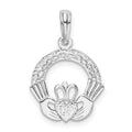 Sterling Silver Rhod-plated Polished/Textured Claddagh Circle Pendant