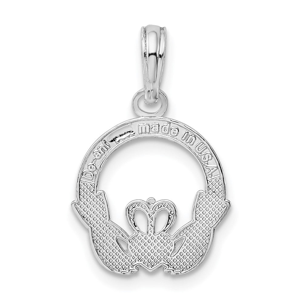 Sterling Silver Rhodium-plated Polished Claddagh Circle Pendant