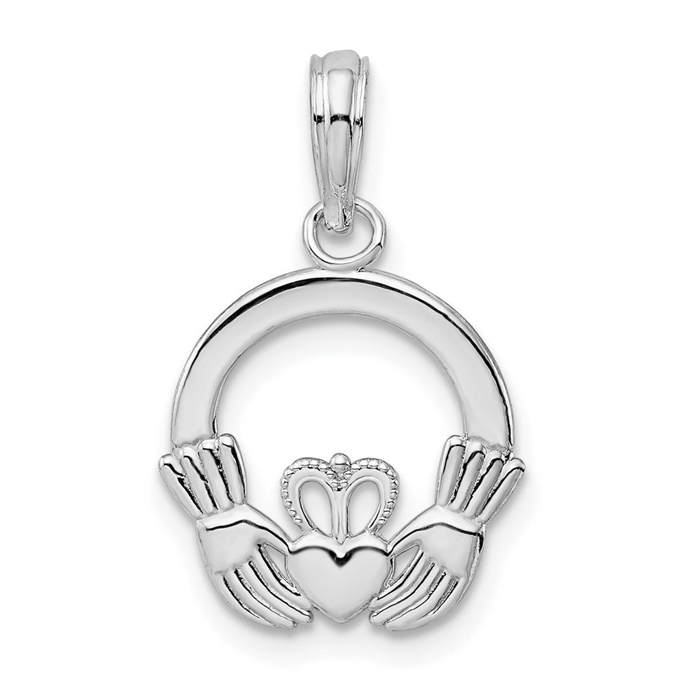 Sterling Silver Rhodium-plated Polished Claddagh Circle Pendant