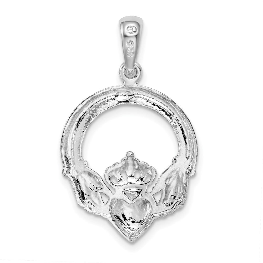 Sterling Silver Rhodium-plated Polished Large Claddagh Circle Pendant