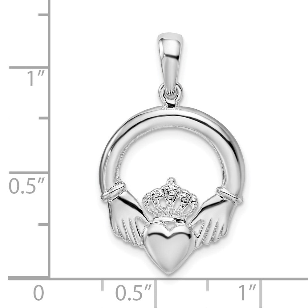 Sterling Silver Rhodium-plated Polished Large Claddagh Circle Pendant