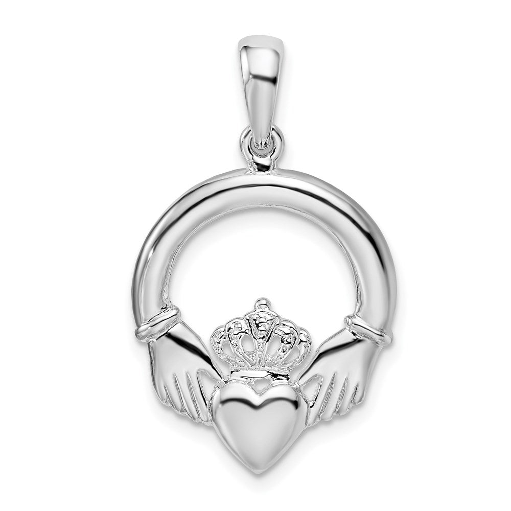 Sterling Silver Rhodium-plated Polished Large Claddagh Circle Pendant
