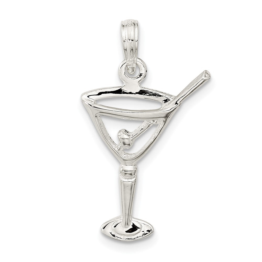 Sterling Silver Rhodium-plated Polished Cut-out Martini w/Olive Pendant