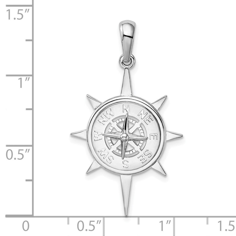 Sterling Silver Rhodium-plated Polished Star Frame Compass Pendant