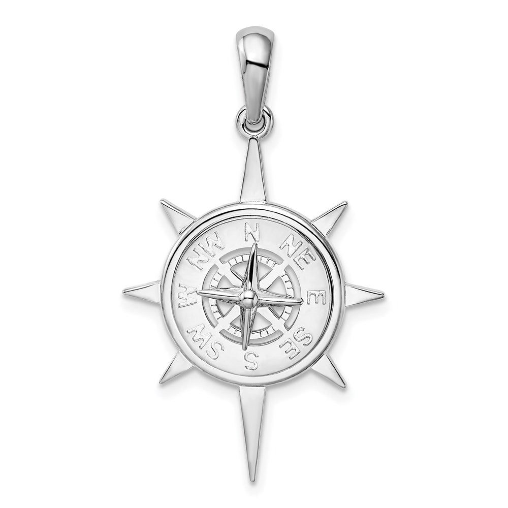Sterling Silver Rhodium-plated Polished Star Frame Compass Pendant