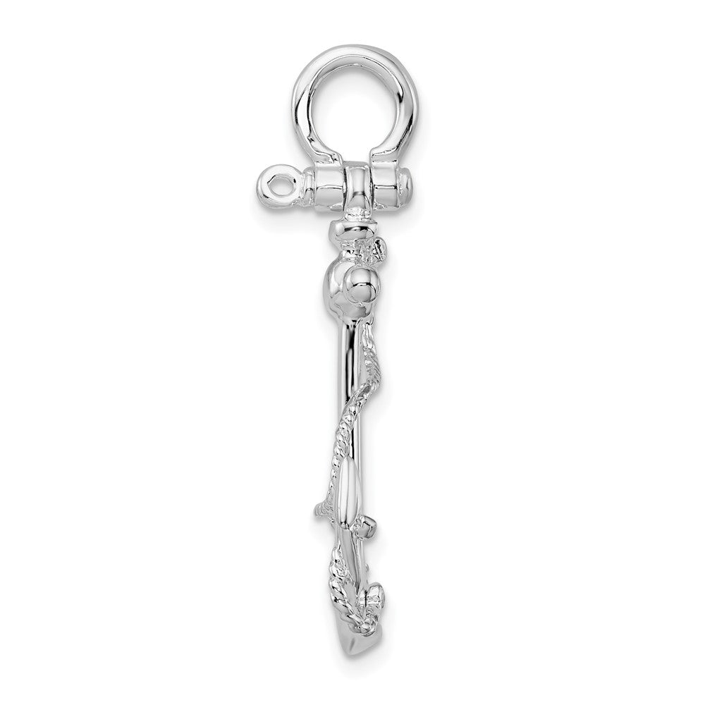 Sterling Silver Rhodium-plated Polished 3D Anchor w/Rope Pendant