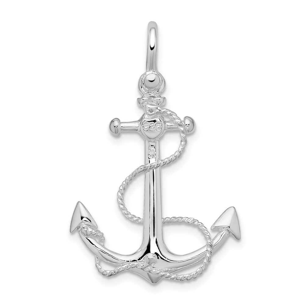 Sterling Silver Rhodium-plated Polished 3D Anchor w/Rope Pendant