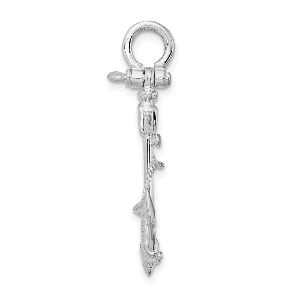 Sterling Silver Rhod-plated Polished/Textured 3D Anchor w/Rope Pendant