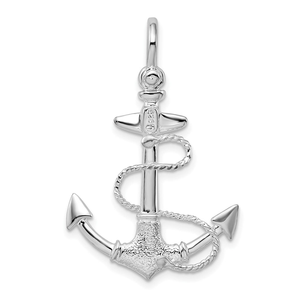 Sterling Silver Rhod-plated Polished/Textured 3D Anchor w/Rope Pendant