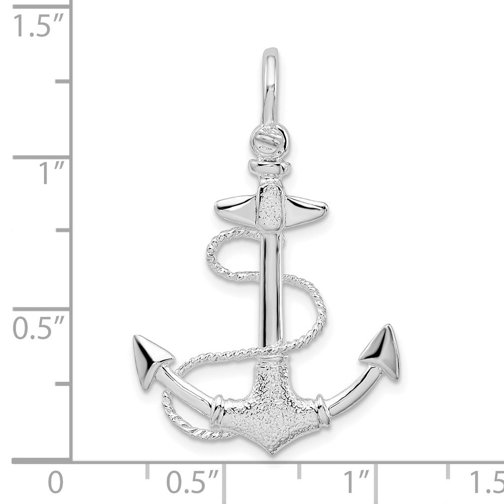 Sterling Silver Rhod-plated Polished/Textured 3D Anchor w/Rope Pendant