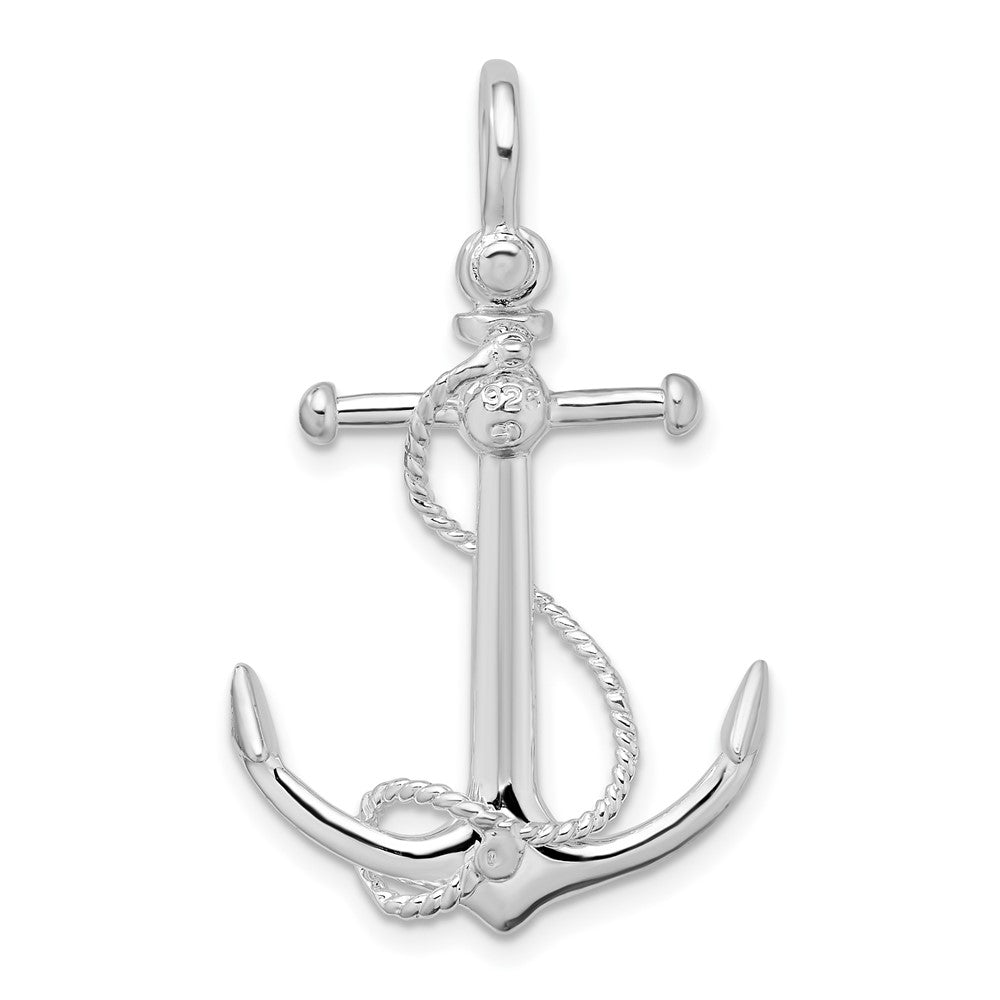 Sterling Silver Rhodium-plated Polished 3D Anchor w/Rope Pendant