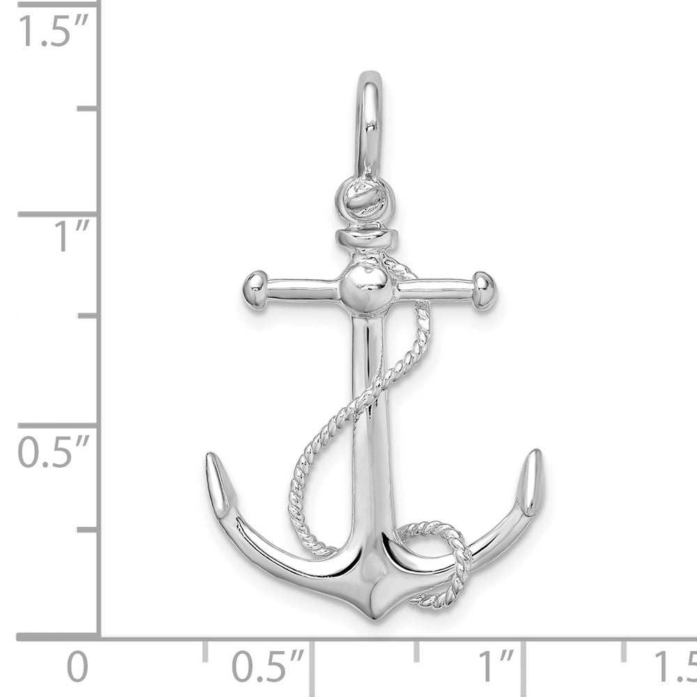 Sterling Silver Rhodium-plated Polished 3D Anchor w/Rope Pendant