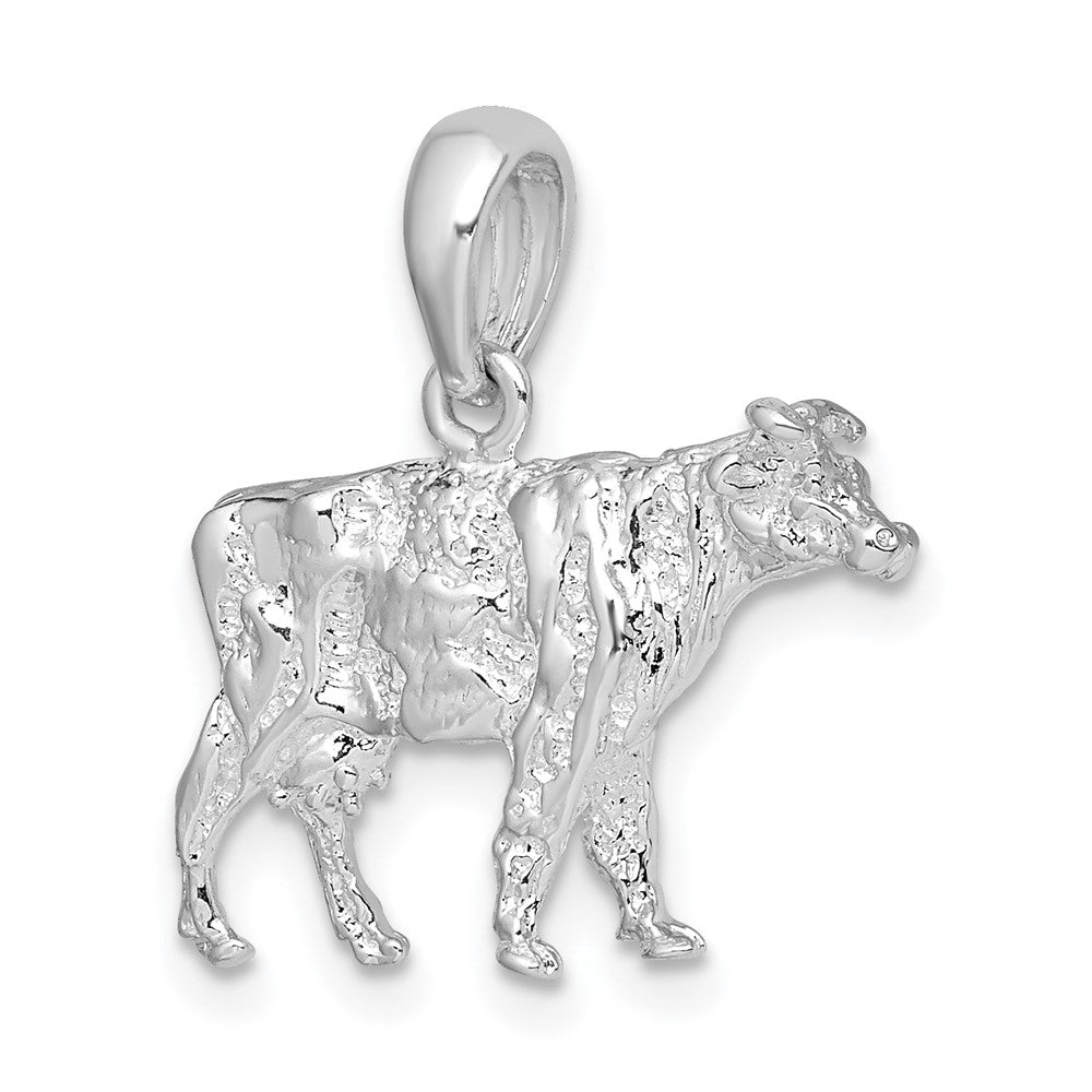 Sterling Silver Rhodium-plated Polished 3D Cow Pendant
