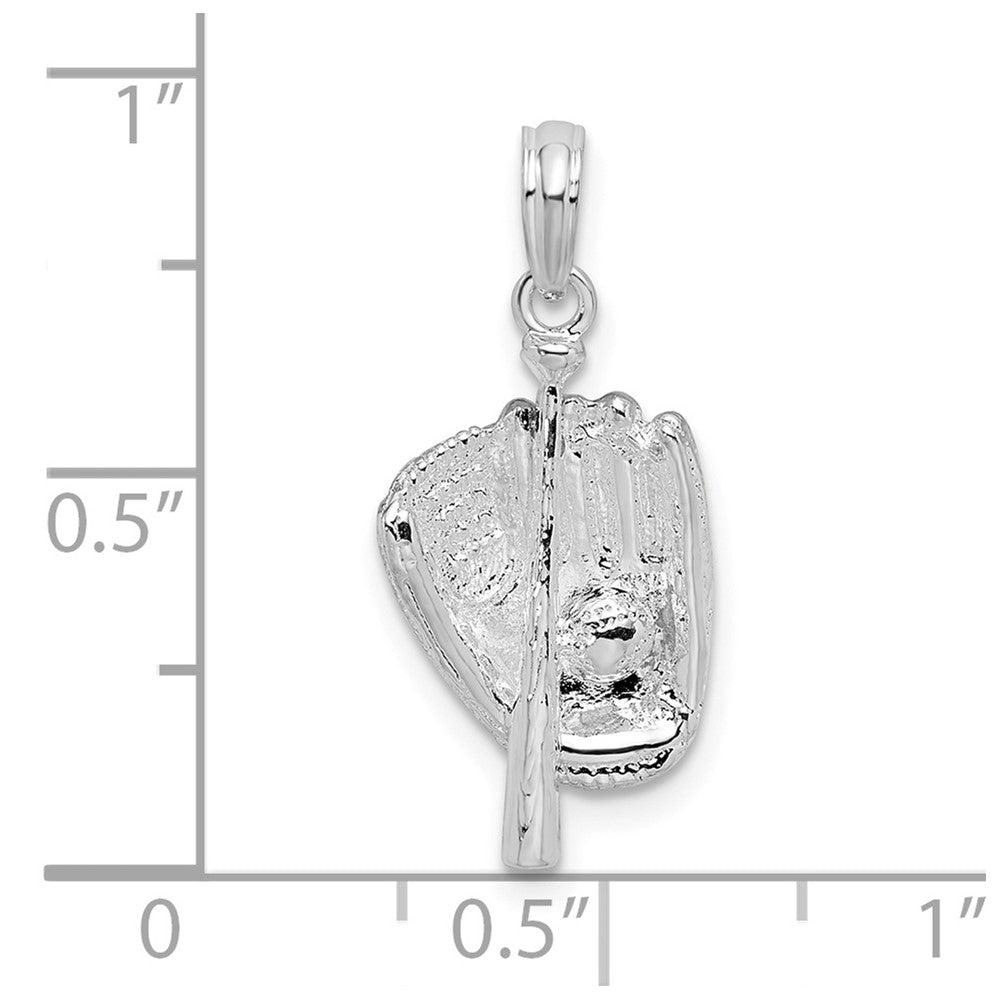 Sterling Silver Rhodium-plated Polished 3D Baseball/Bat/Glove Pendant