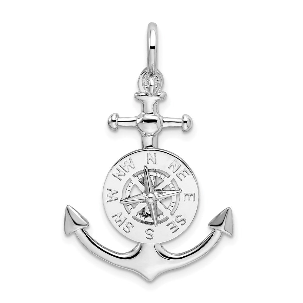 Sterling Silver Rhodium-plated 3D Small Anchor w/Compass Pendant