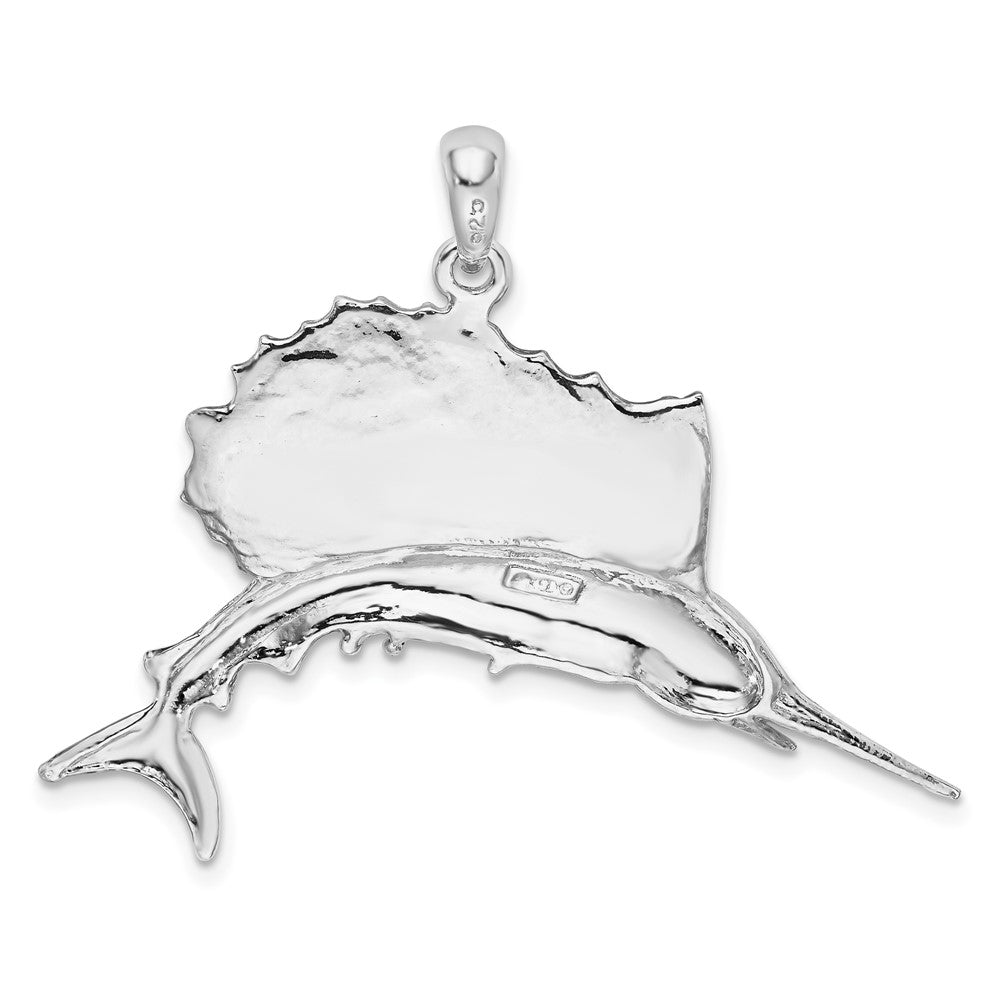 Sterling Silver Rhodium-plated Polished Enameled Sailfish Pendant