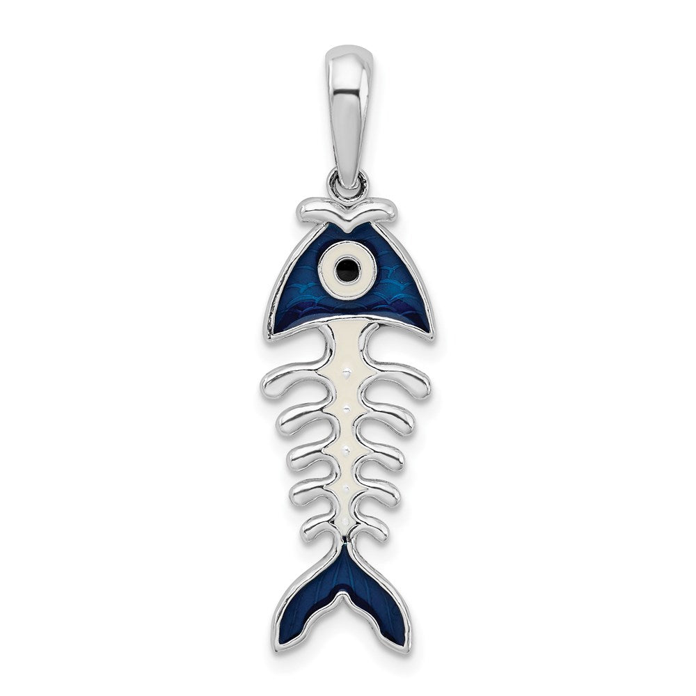 Sterling Silver Rhodium-plated Polished 3D Enameled Fishbone Pendant