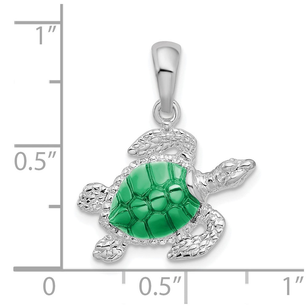 Sterling Silver Rhodium-plated Polished Enameled Sea Turtle Pendant