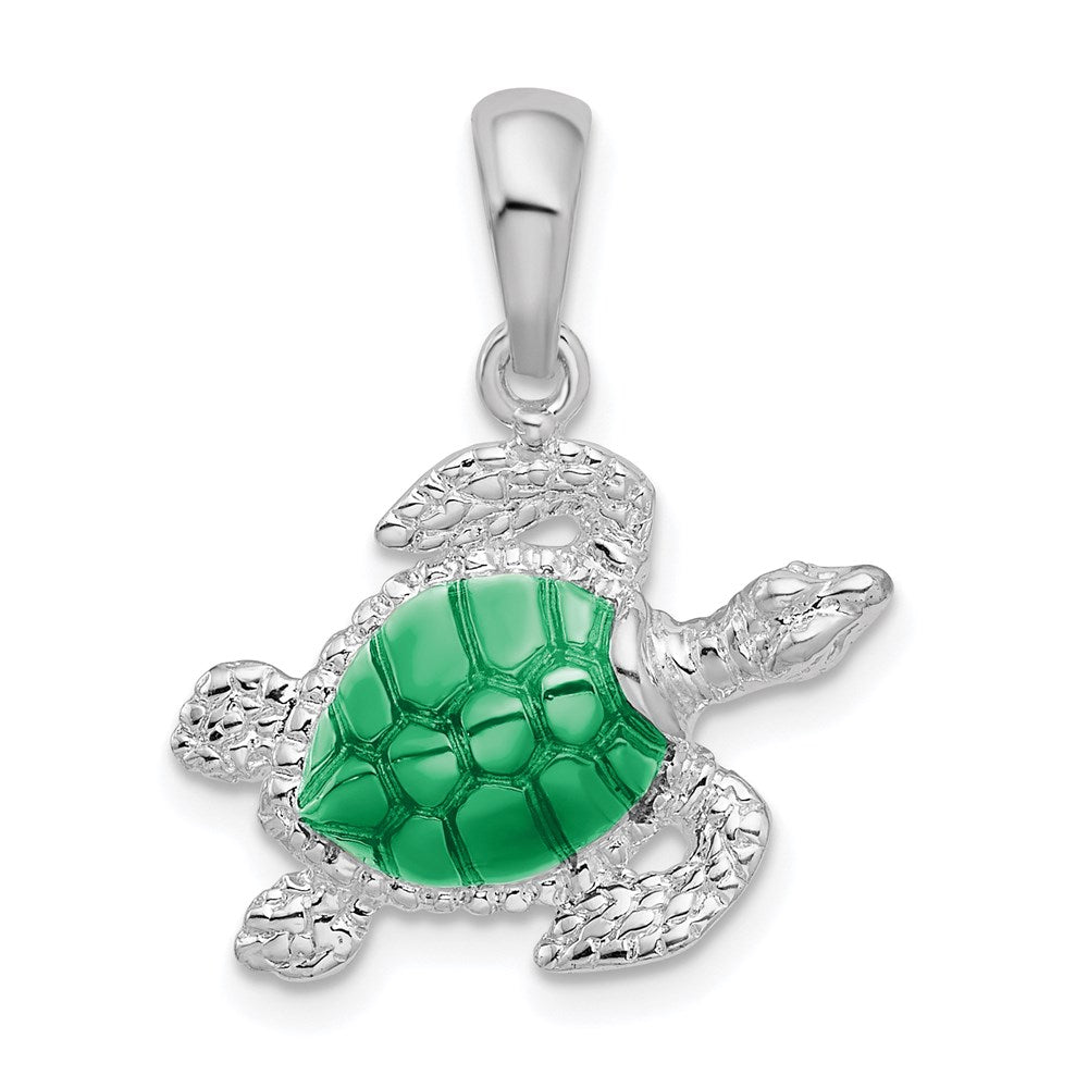 Sterling Silver Rhodium-plated Polished Enameled Sea Turtle Pendant