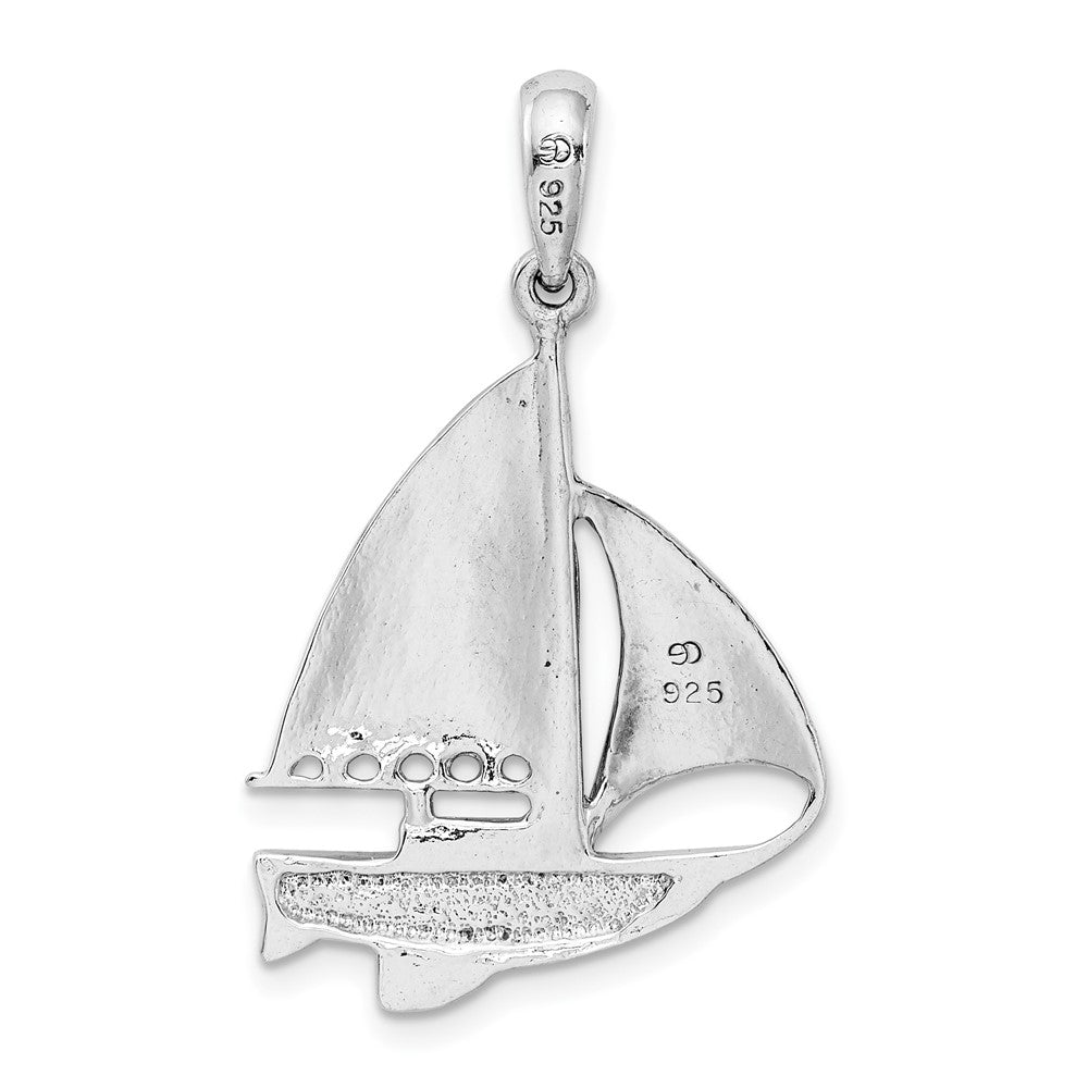 Sterling Silver Rhodium-plated Polished Enameled Sailboat Pendant