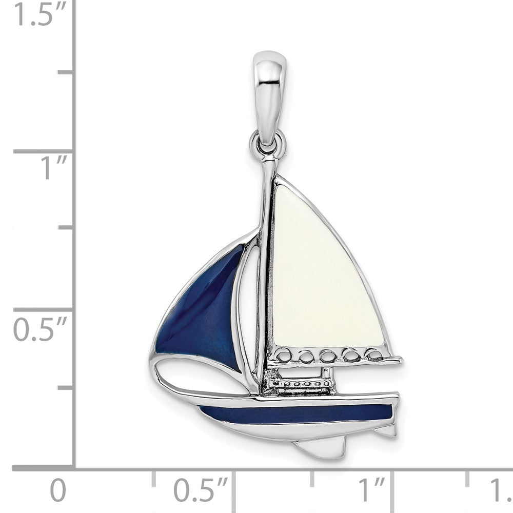 Sterling Silver Rhodium-plated Polished Enameled Sailboat Pendant