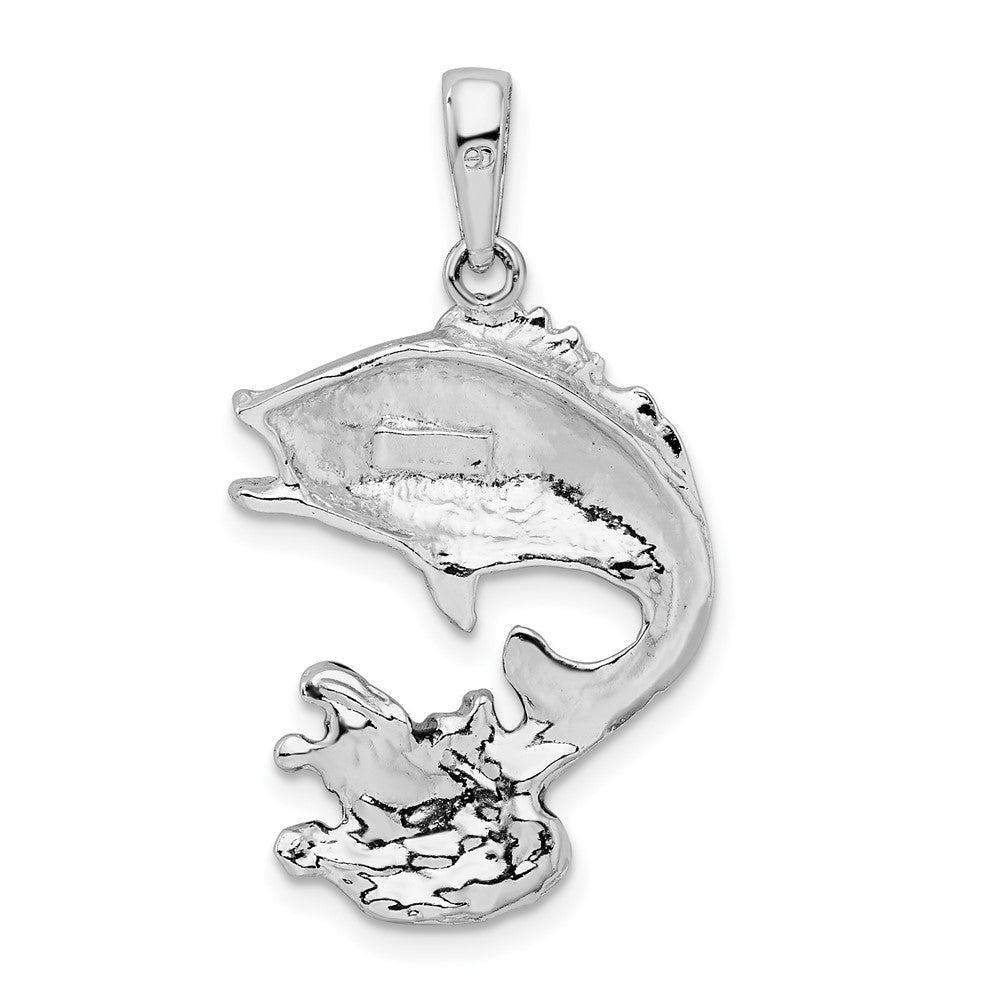 Sterling Silver Rhodium-plated Enameled Jumping Bass Fish Pendant