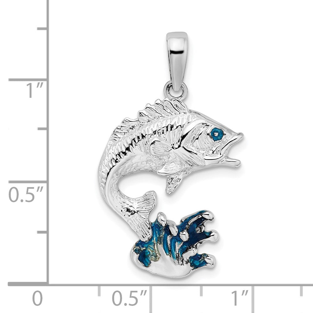 Sterling Silver Rhodium-plated Enameled Jumping Bass Fish Pendant