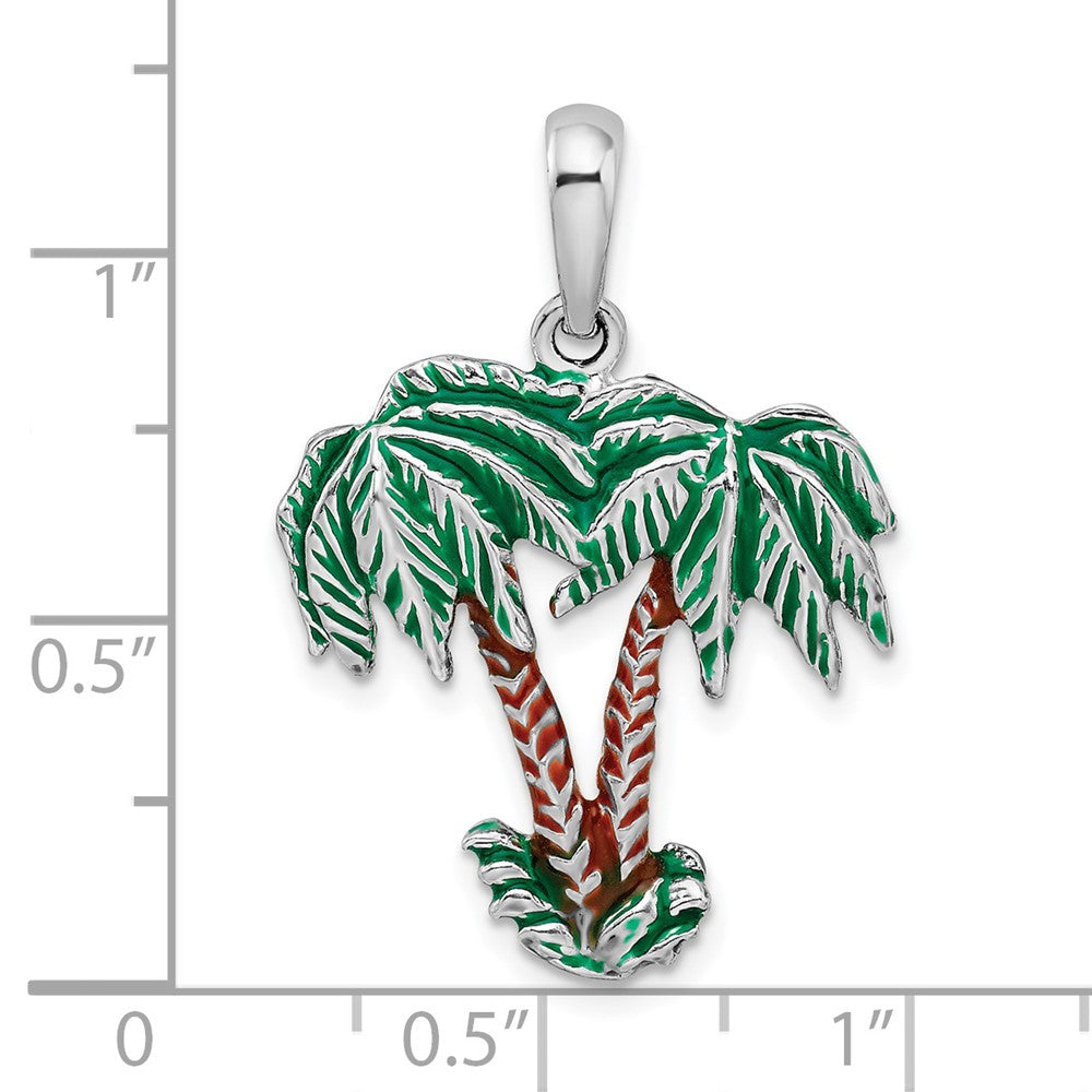 Sterling Silver Rhodium-plated Polished Enameled Palm Trees Pendant