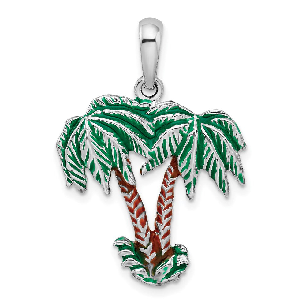 Sterling Silver Rhodium-plated Polished Enameled Palm Trees Pendant