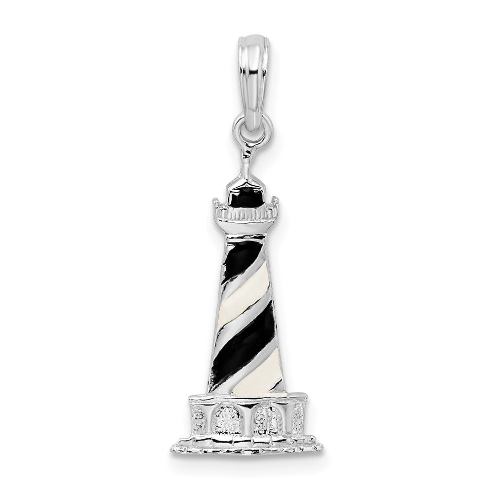 Sterling Silver Rhod-plated Enameled Cape Hatteras Lighthouse Pendant
