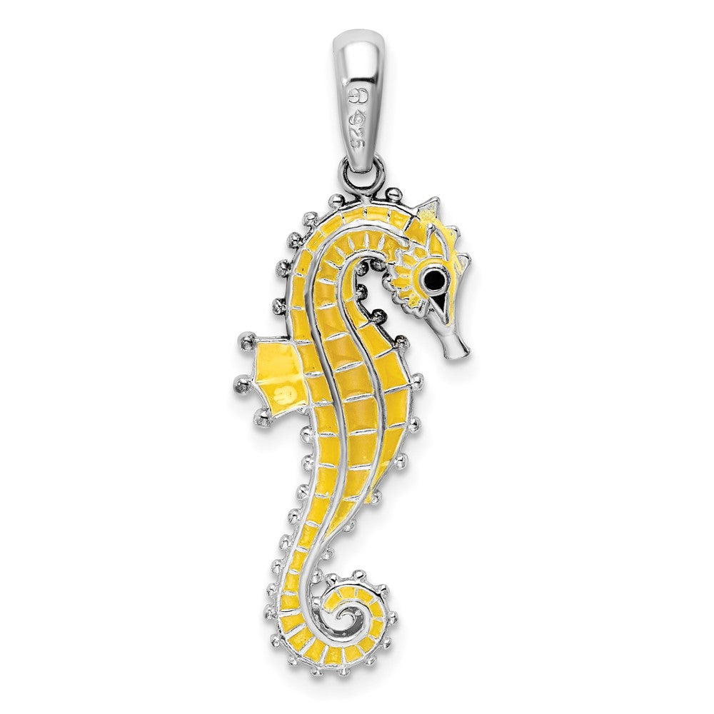 Sterling Silver Rhodium-plated 3D Enameled Yellow Seahorse Pendant