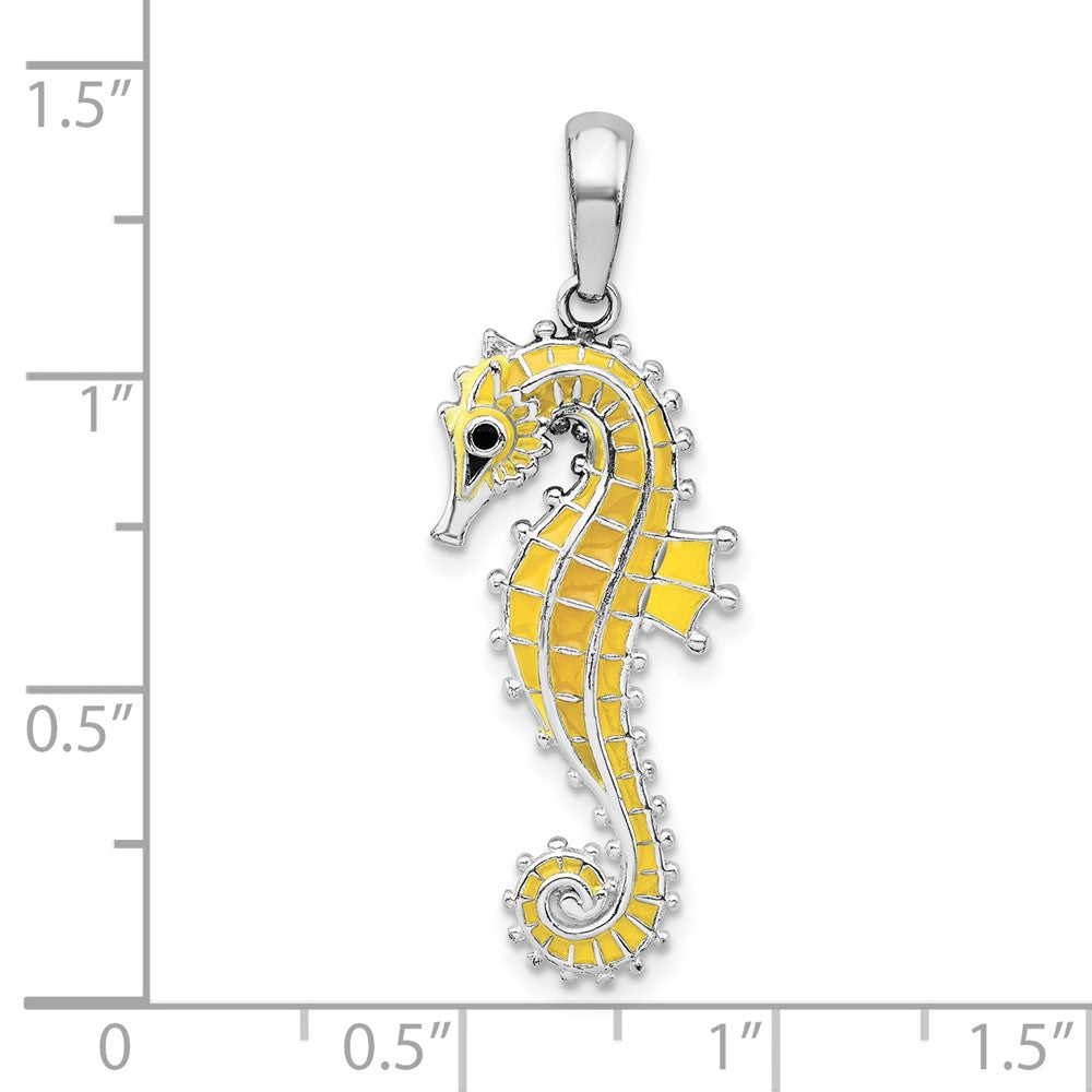 Sterling Silver Rhodium-plated 3D Enameled Yellow Seahorse Pendant
