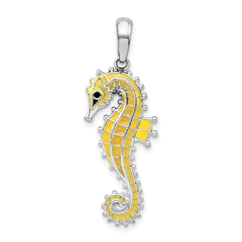 Sterling Silver Rhodium-plated 3D Enameled Yellow Seahorse Pendant