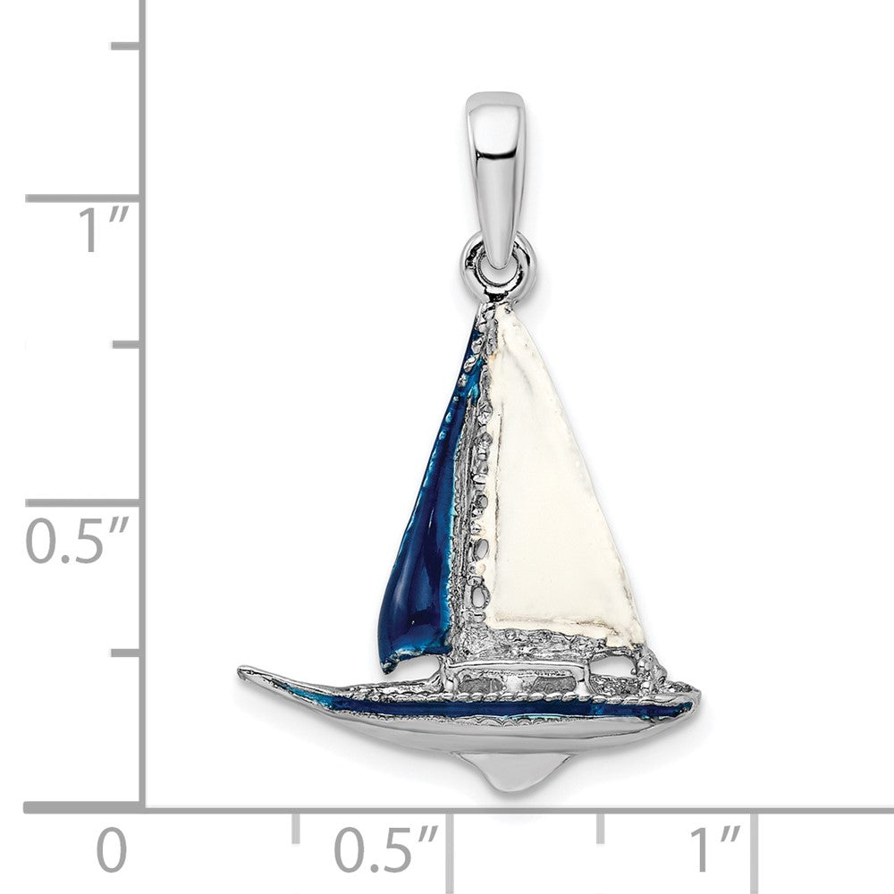 Sterling Silver Rhodium-plated Polished 3D Enameled Sailboat Pendant