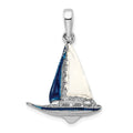 Sterling Silver Rhodium-plated Polished 3D Enameled Sailboat Pendant