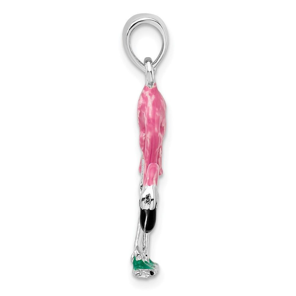 Sterling Silver Rhodium-plated Polished 3D Pink Flamingo Pendant