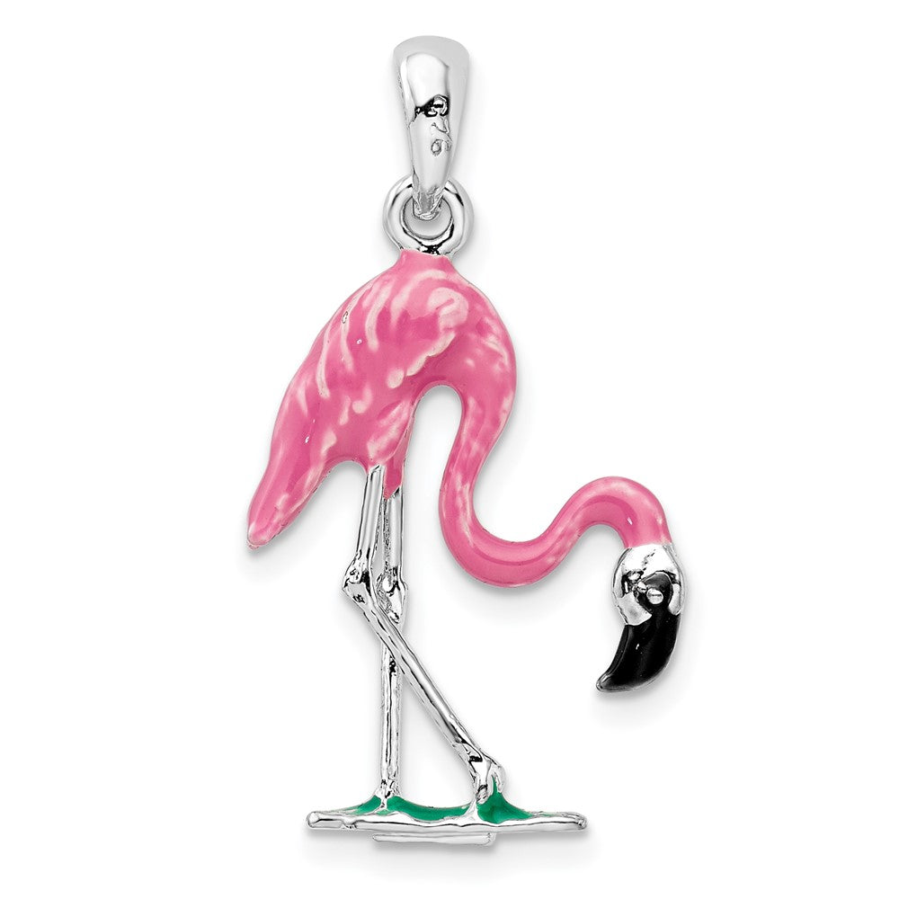 Sterling Silver Rhodium-plated Polished 3D Pink Flamingo Pendant