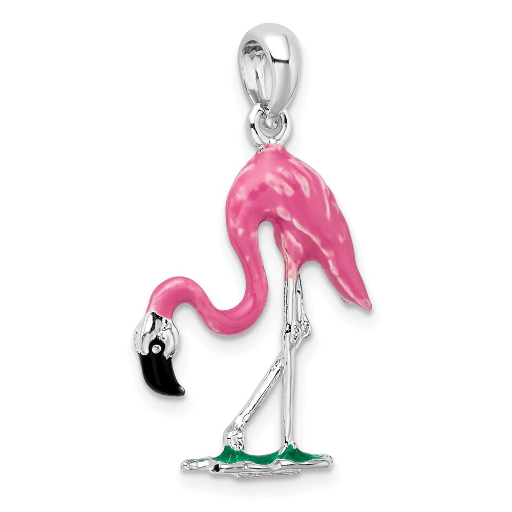 Sterling Silver Rhodium-plated Polished 3D Pink Flamingo Pendant