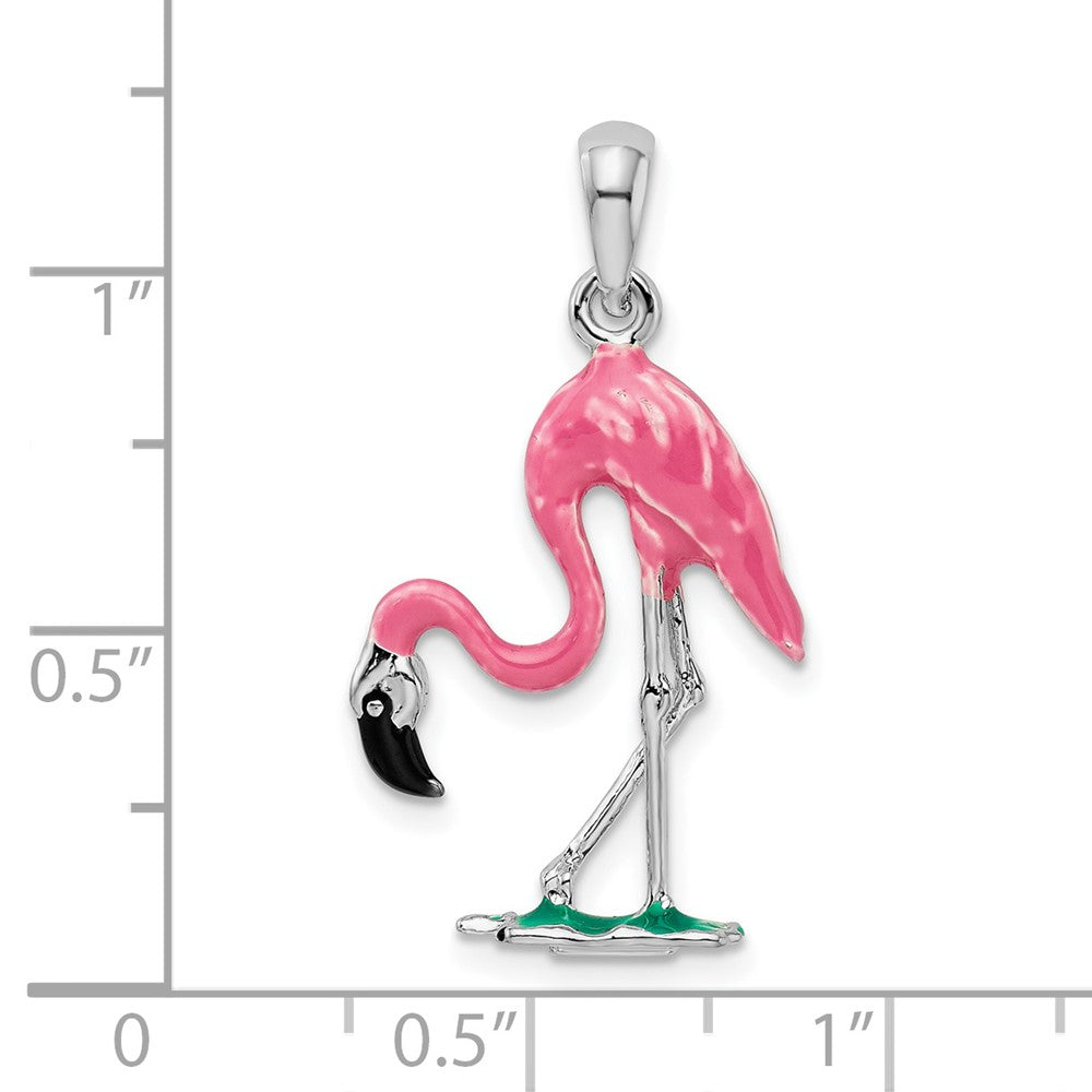Sterling Silver Rhodium-plated Polished 3D Pink Flamingo Pendant