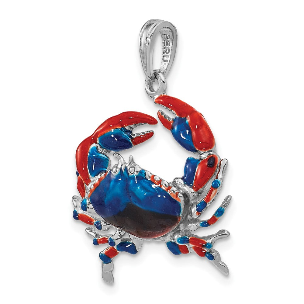 Sterling Silver Rhod-plated Polished Enameled Blue Stone Crab Pendant