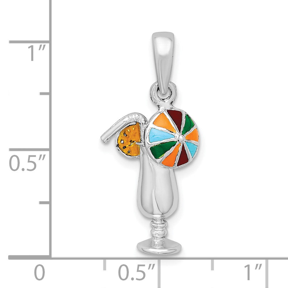 Sterling Silver Rhod-plated Polished Enameled Tropical Drink Pendant