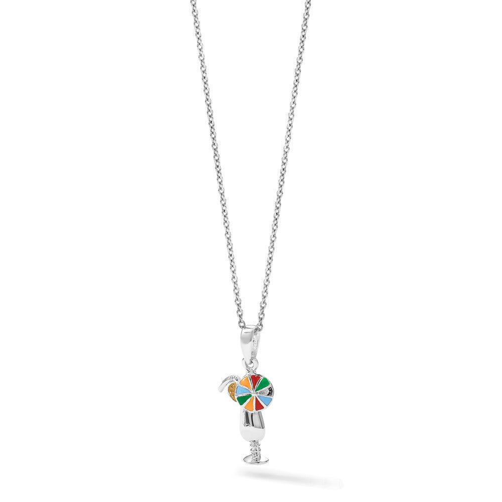 Sterling Silver Rhod-plated Polished Enameled Tropical Drink Pendant