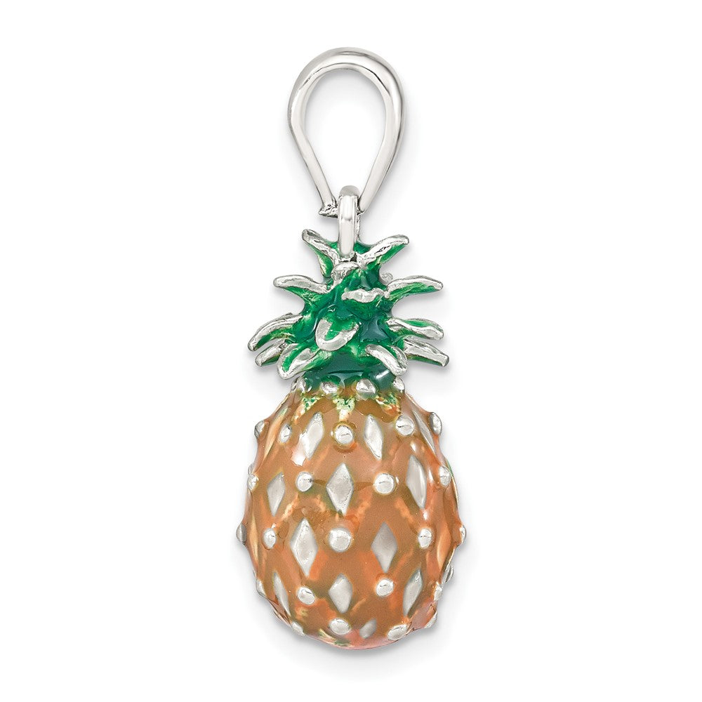 Sterling Silver Rhod-plated Polished 3D Enameled Pineapple Pendant