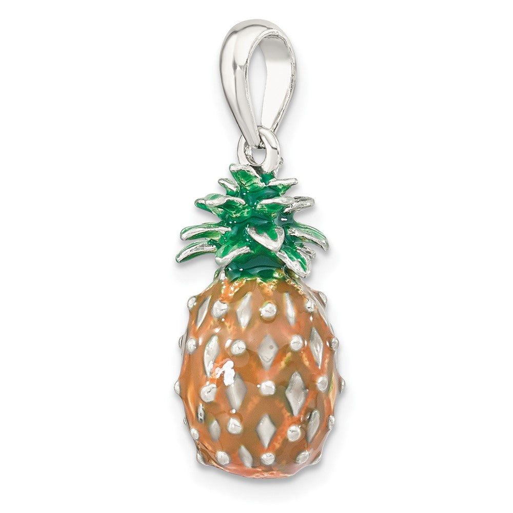 Sterling Silver Rhod-plated Polished 3D Enameled Pineapple Pendant