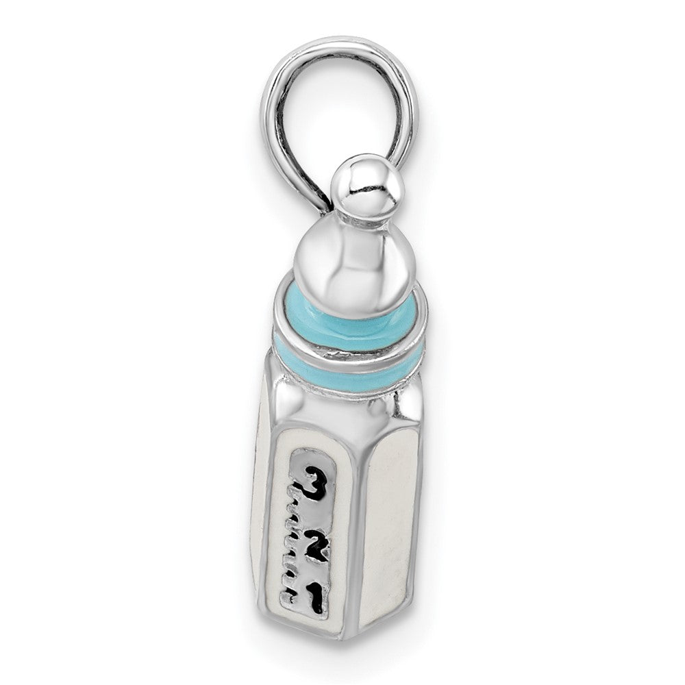 Sterling Silver Rhodium-plated Polished 3D Blue Baby Bottle Pendant