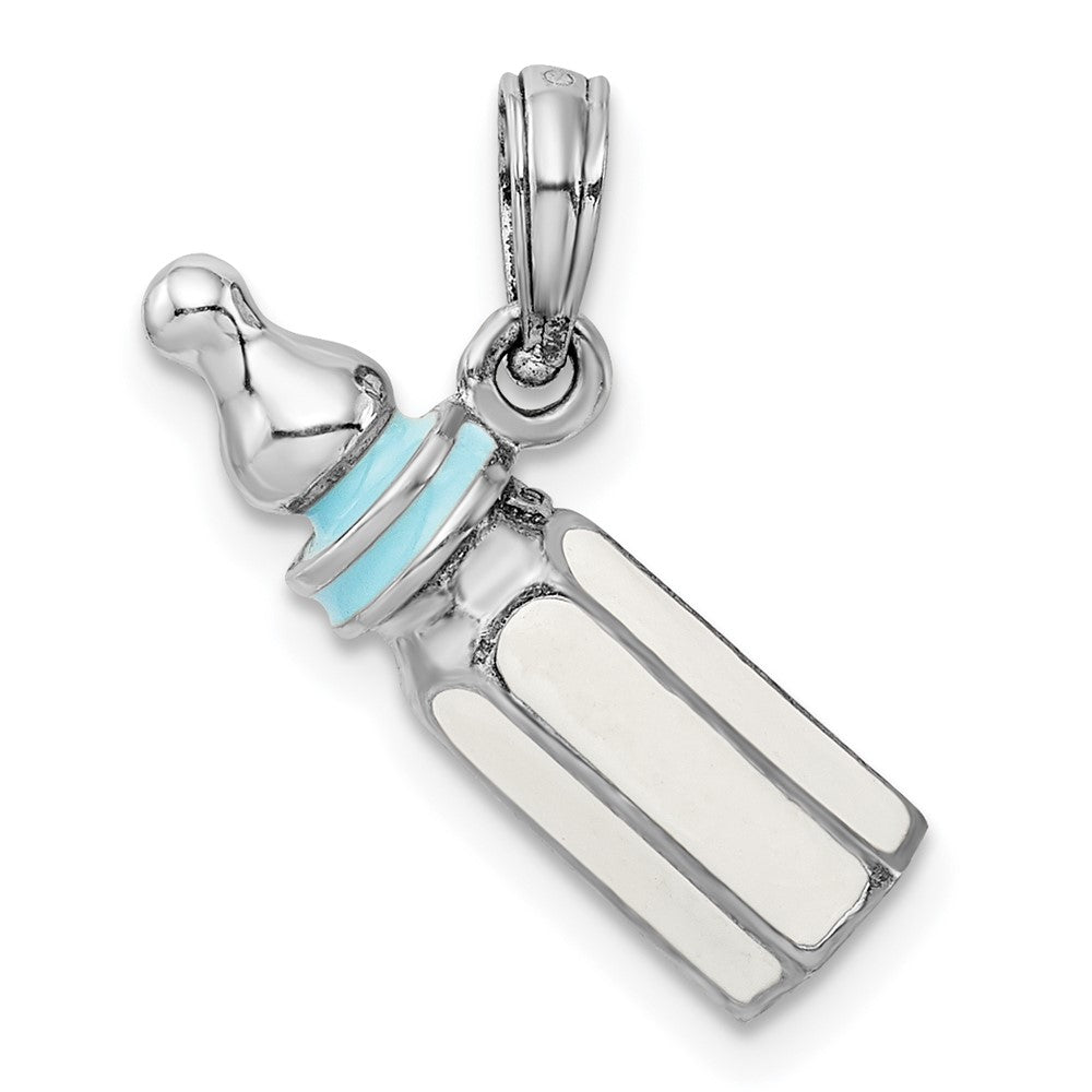Sterling Silver Rhodium-plated Polished 3D Blue Baby Bottle Pendant