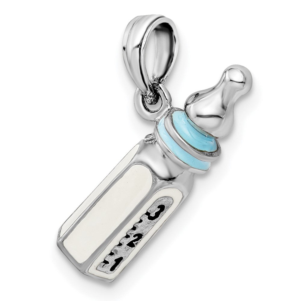 Sterling Silver Rhodium-plated Polished 3D Blue Baby Bottle Pendant
