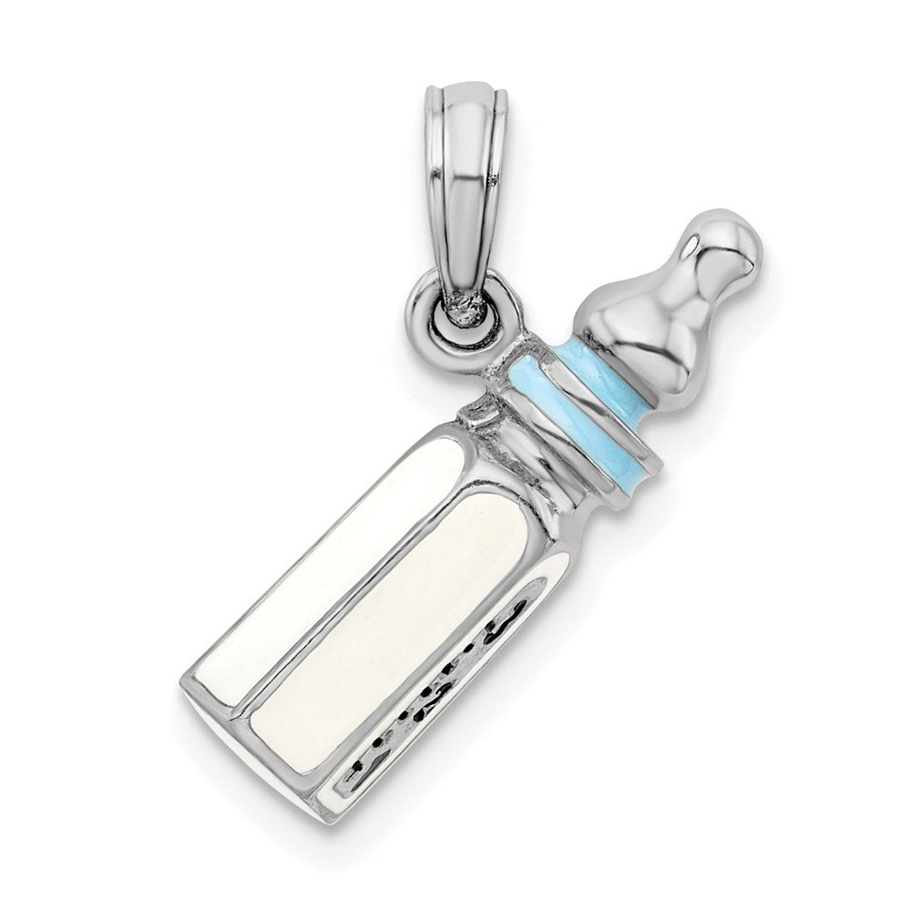 Sterling Silver Rhodium-plated Polished 3D Blue Baby Bottle Pendant