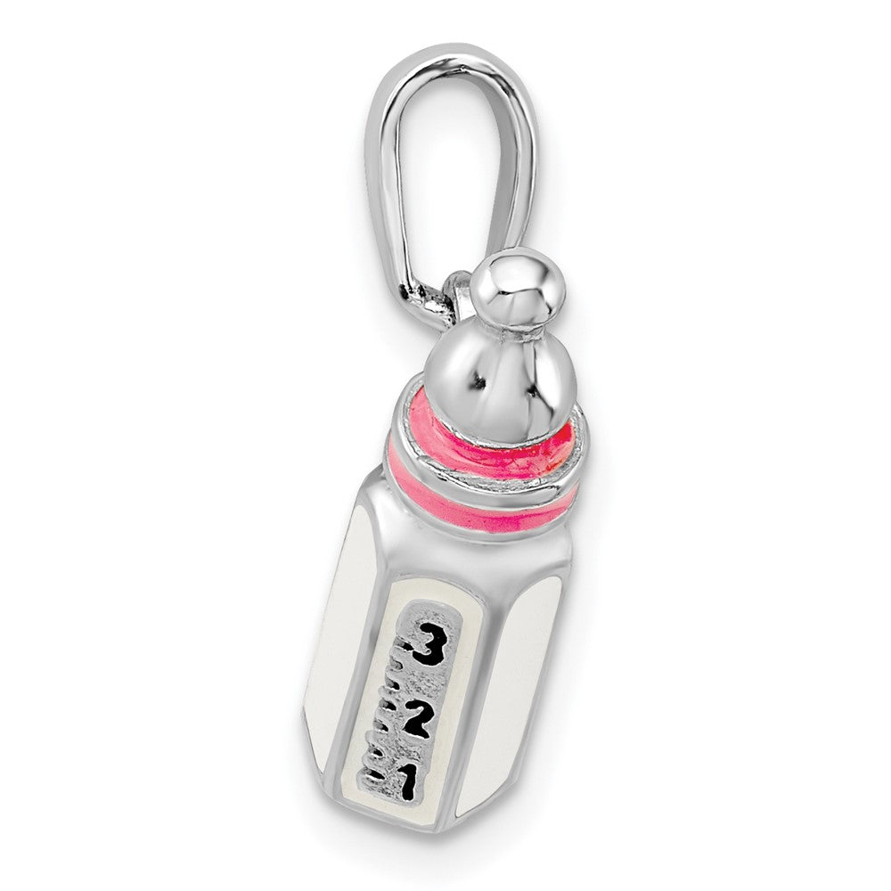 Sterling Silver Rhodium-plated Polished 3D Pink Baby Bottle Pendant
