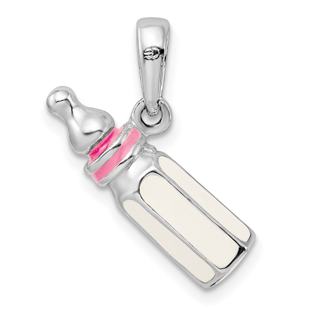 Sterling Silver Rhodium-plated Polished 3D Pink Baby Bottle Pendant